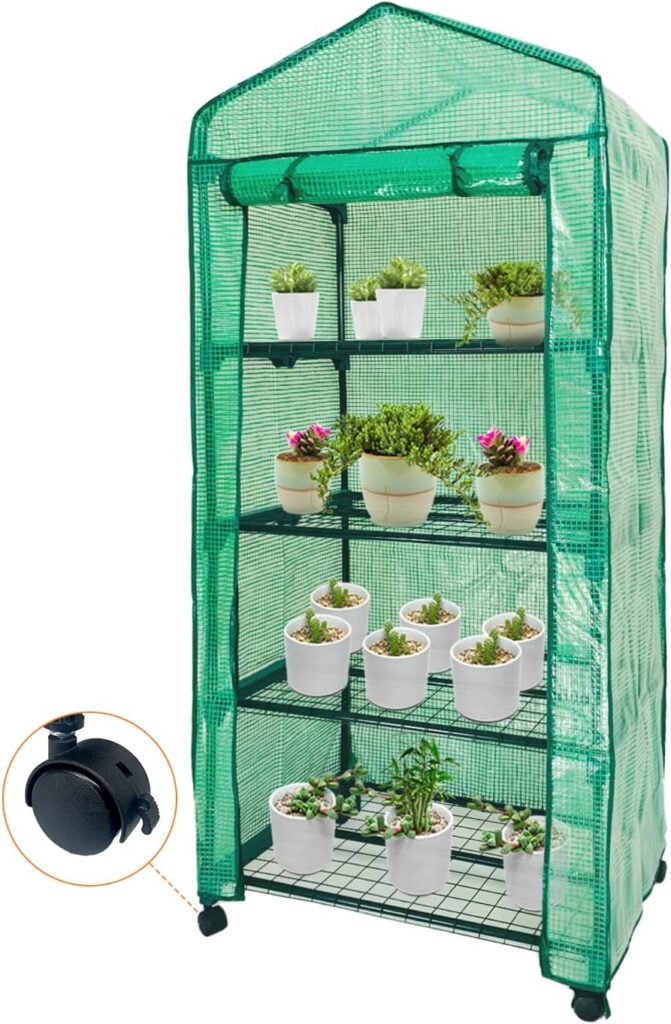 Grandhom Mini Greenhouse,4 Tier Small Portable Greenhouses Kit with Caster Wheels and Roll-up Zipper PE Cover,Green House for Indoor Outdoor Seedling and Plant Growing (70x50x165cm),Green