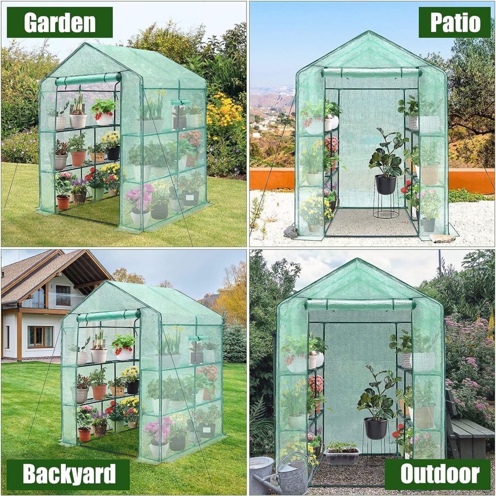 Greengro Greenhouse, 56 x 56 x 75 Greenhouses for Outdoors, Durable Green House Kit with Window, Thicken PE Cover, 3 Tiers 8 Shelves, Heavy Duty Walk in Green Houses for Indoor Backyard Outside