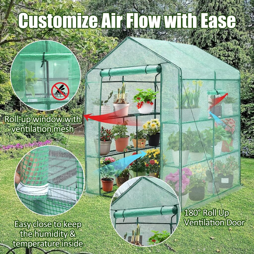 Greengro Greenhouse, 56 x 56 x 75 Greenhouses for Outdoors, Durable Green House Kit with Window, Thicken PE Cover, 3 Tiers 8 Shelves, Heavy Duty Walk in Green Houses for Indoor Backyard Outside
