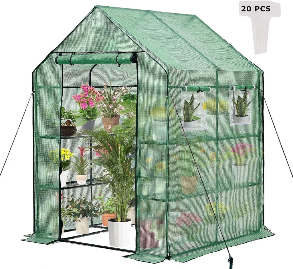 Purlyu Walk-in Greenhouse for Outdoors, Thickened PE Cover Heavy Duty Powder-Coated Steel, Mesh Door Screen Windows, 10 Sturdy Shelves, 20 Pcs T-Type Plant Tags 4.7x4.7x6.4 FT, (GHW002G)