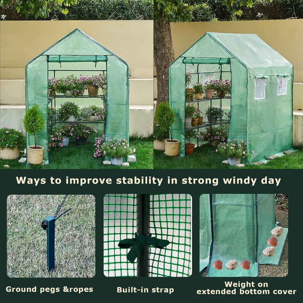 Purlyu Walk-in Greenhouse for Outdoors, Thickened PE Cover Heavy Duty Powder-Coated Steel, Mesh Door Screen Windows, 10 Sturdy Shelves, 20 Pcs T-Type Plant Tags 4.7x4.7x6.4 FT, (GHW002G)