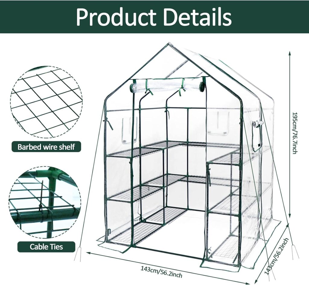 Rocomoco Greenhouse for Outdoors with Observation Windows, 3 Ties 14 Stands Large Walk-in Plant Greenhouses with Zippered Mesh Door, 56 x 56 x 77 inch Sun House, Outside Garden Plastic Green House