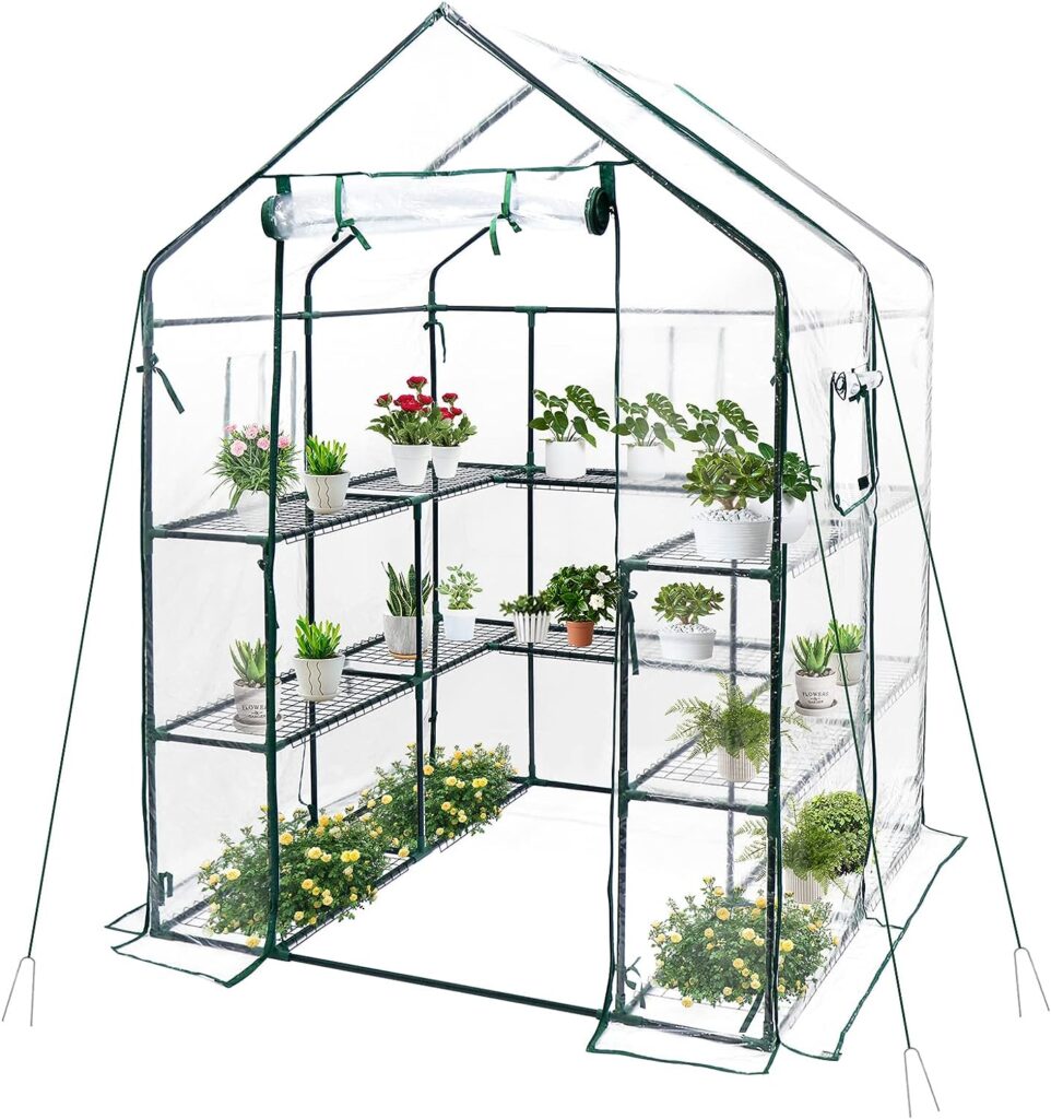 Rocomoco Greenhouse for Outdoors with Observation Windows, 3 Ties 14 Stands Large Walk-in Plant Greenhouses with Zippered Mesh Door, 56 x 56 x 77 inch Sun House, Outside Garden Plastic Green House