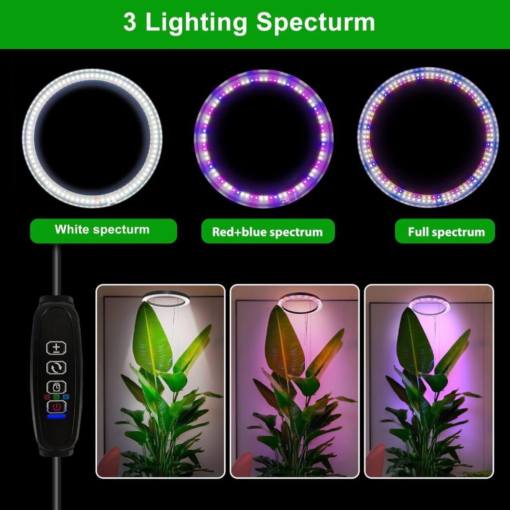 10 LED Ring Grow Lights for Indoor Plants, 160LEDs 6000K Full Spectrum Large Plant Light for Indoor Plants, Height Adjustable Growing Lamp with Auto On/Off Timer 3/9/12H, 9 Dimmable Brightness