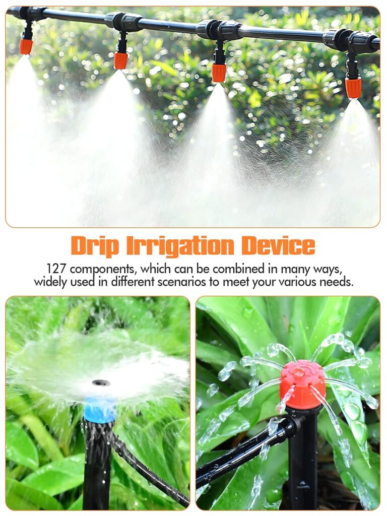 182FT Automatic Drip Irrigation Kit, Kalolary Garden Watering System with 1/4 5/16 Distribution Tube Micro Patio Misting Equipment Adjustable Nozzle Sprinkler Emitters Barbed Fittings for Greenhouse