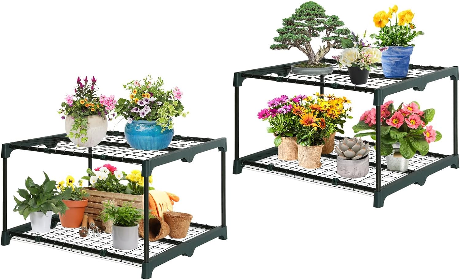 EAGLE PEAK Greenhouse Shelving Staging Double 4 Tier, Outdoor/Indoor Plant Shelves, 35x12x42, Green