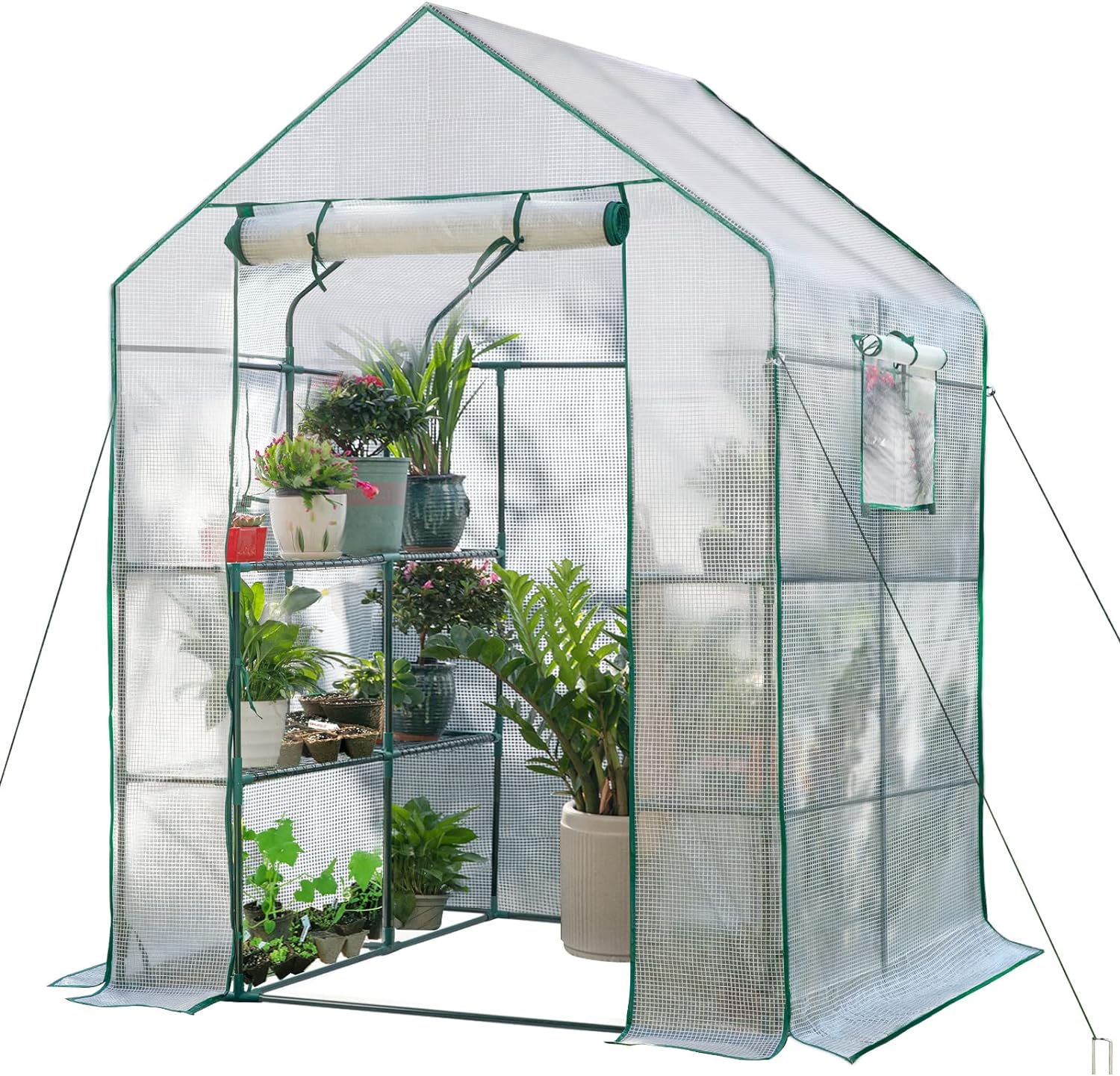 Green Houses for Outdoors, PE Walk in Greenhouse with 2 Side Mesh Windows, Portable Green House with Anchors  Ropes Stands Up to Wind, 56x56x78 White