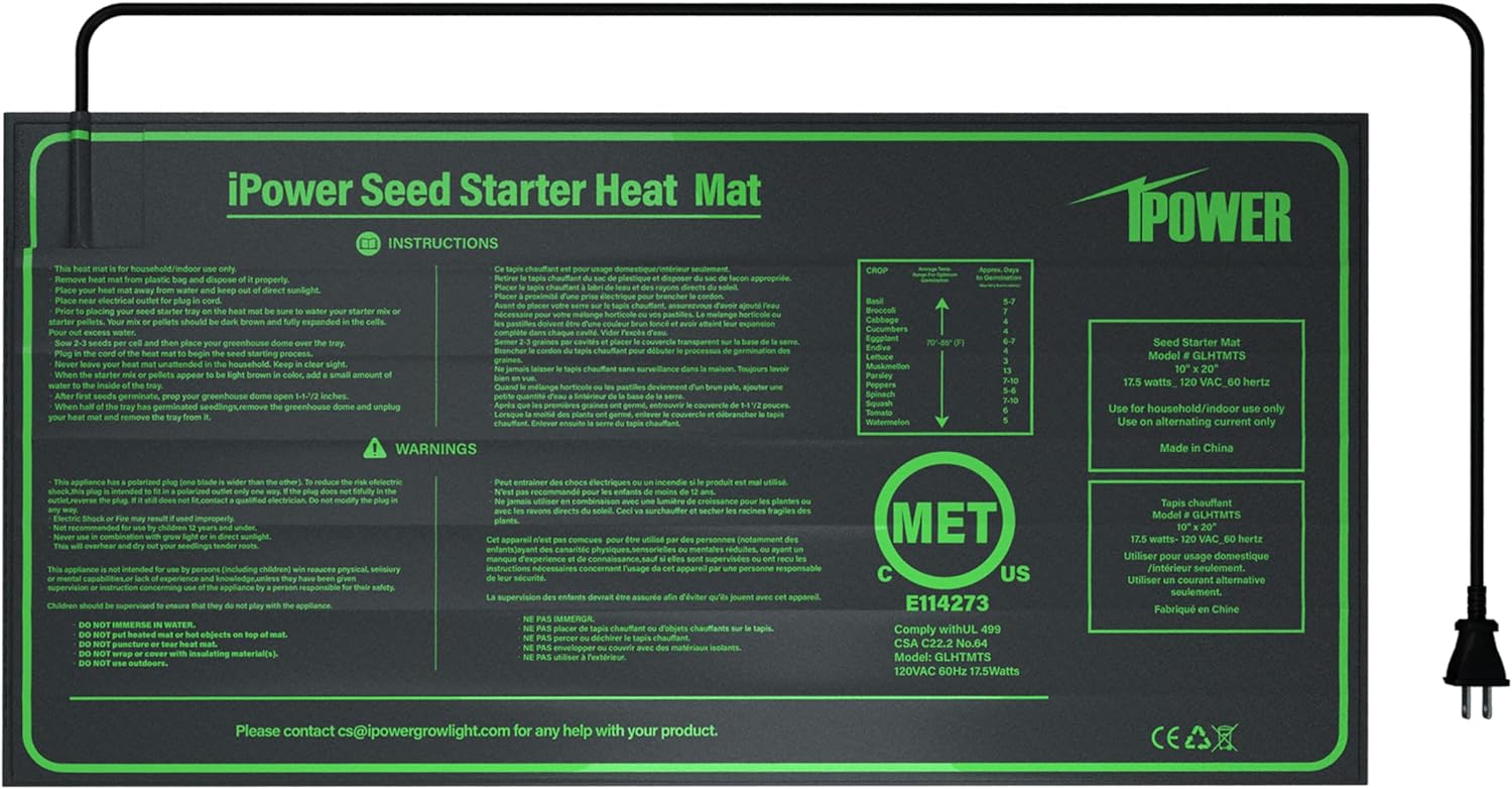iPower GLHTMTS-A 10 x 20 Waterproof Durable Seedling Heat Mat Warm Hydroponic Plant for Indoor Gardening Germination Starting, 10 x 20, Black