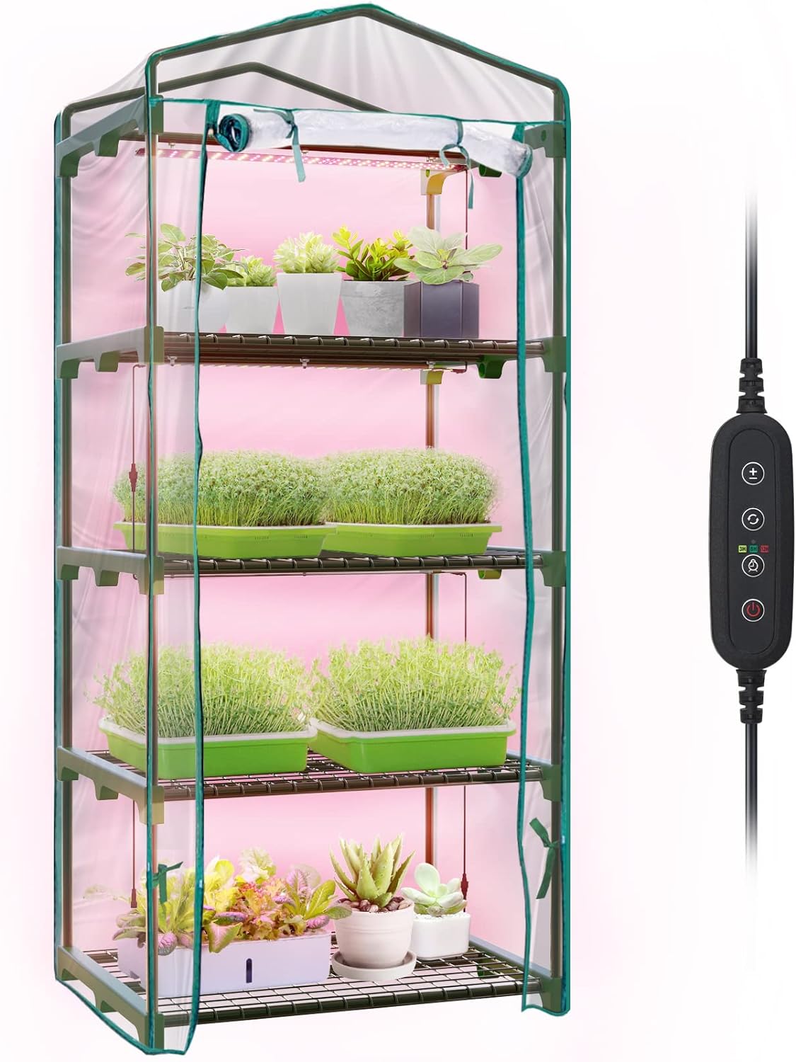 Mini Greenhouse with Grow Light , 4 Tier 27.2L×19.9W×61.8H Portable Greenhouse with Zippered PVC Cover for Seed Starting Trays , Dimmable 2ft 60W Plant Light for Indoor Plant with Timer by Bstrip