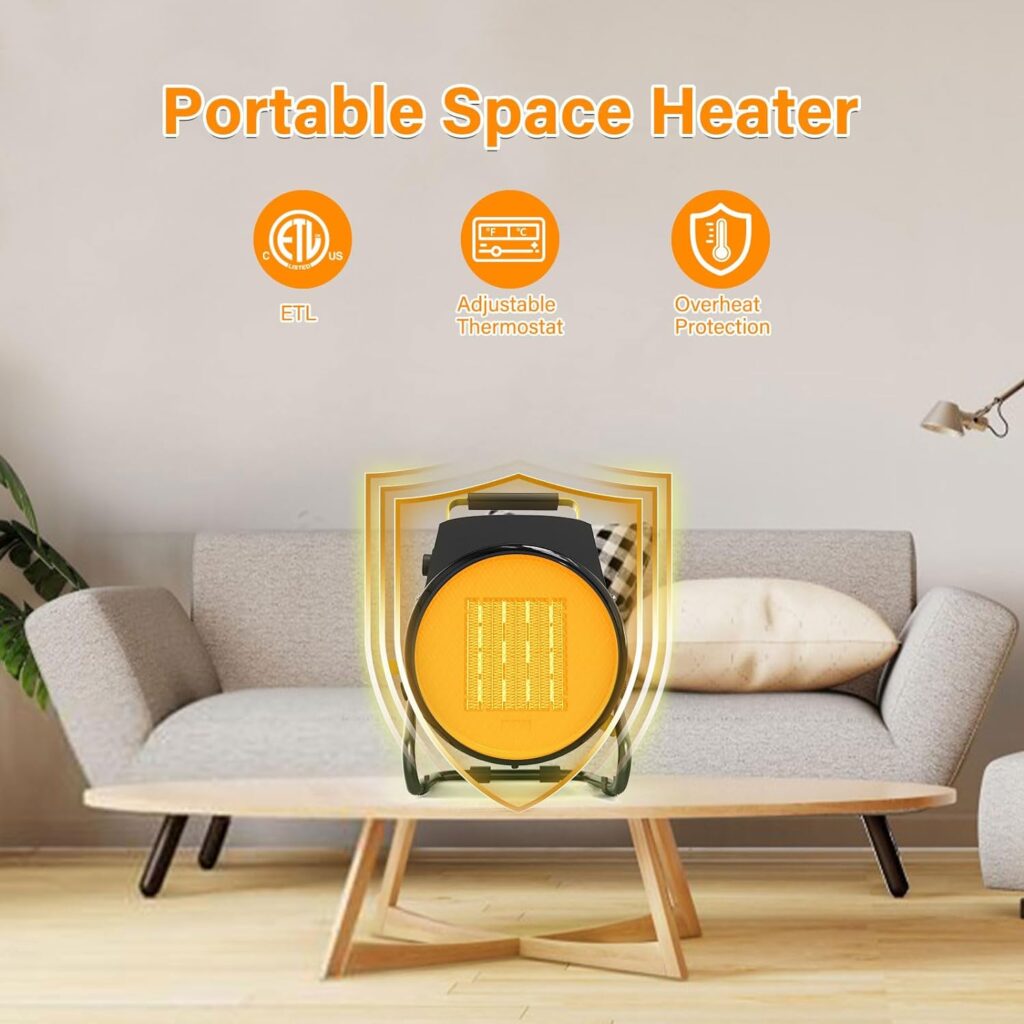 Outdoor Patio Heater, Portable Electric Garage Heaters with Thermostat, 3 Modes, 3S Fast Heating, Super Long Cord, Small Fan Heaters for Indoor, Outdoor, Office, Outside, Tent, Space Heater