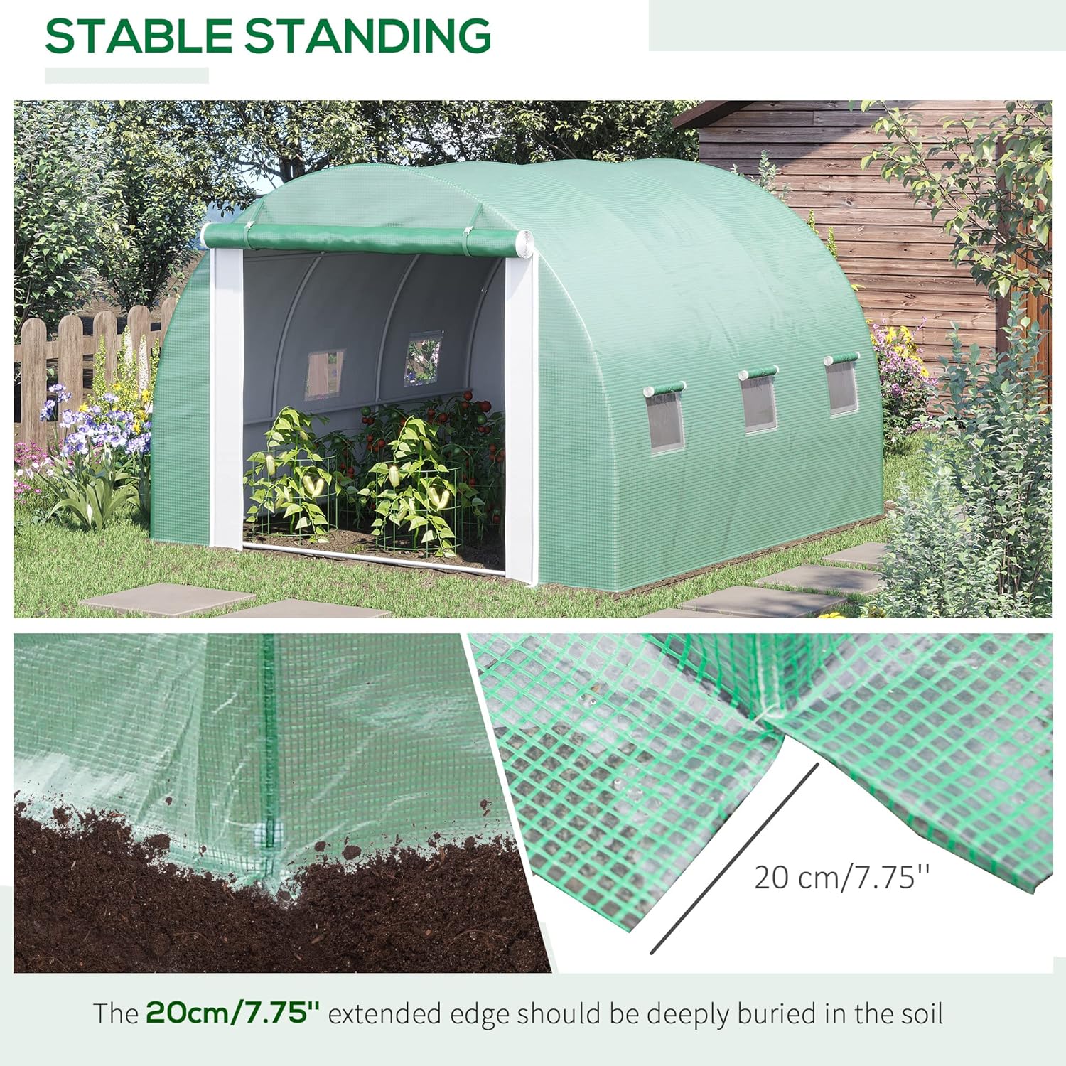 Outsunny 9.7 x 9.7 x 6.5 Large Walk-in Double Cover Polytunnel Greenhouse Outdoor w/ Roll-Up Zipper Doors and Windows Grow Plants, Seedlings, Herbs, or Flowers in Any Season-Gardening