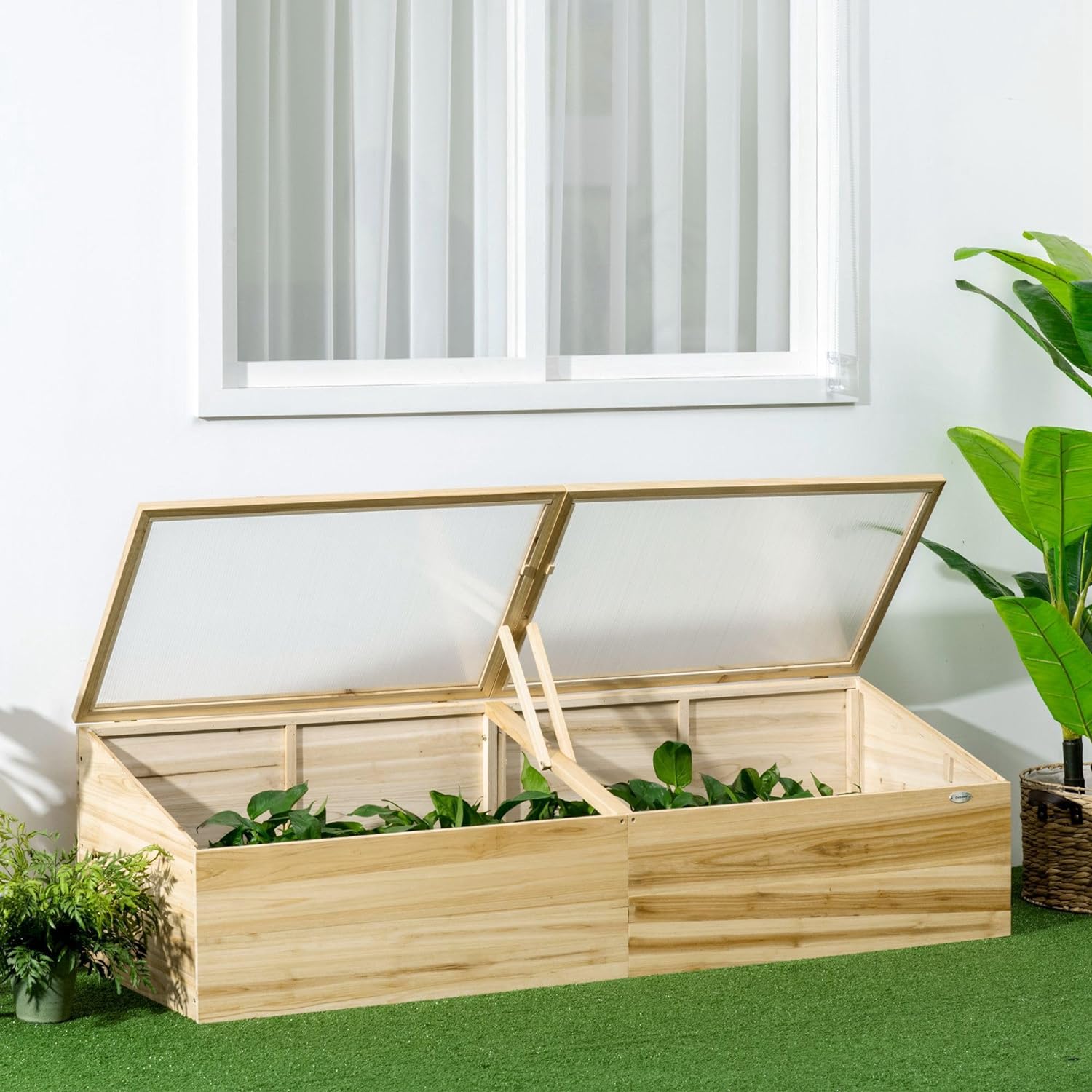 Outsunny Wooden Cold Frame with Openable Roof, Portable Mini Greenhouse for Indoor, Outdoor, Flowers, Vegetables, Plants, 66.9x19.7x17.7 - Natural