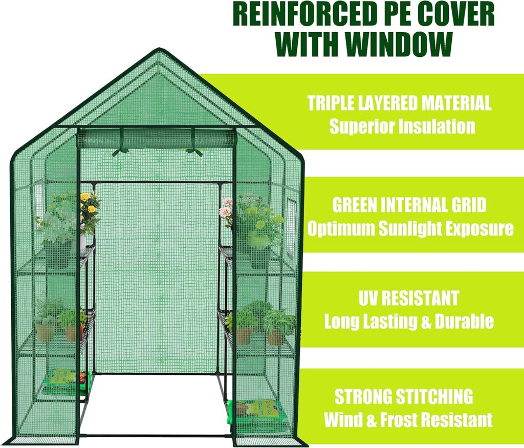 Reinforced Walk-in Greenhouse with Window,Plant Gardening Green House 2 Tiers and 8 Shelves,L56.5 x W56.5 x H76.5