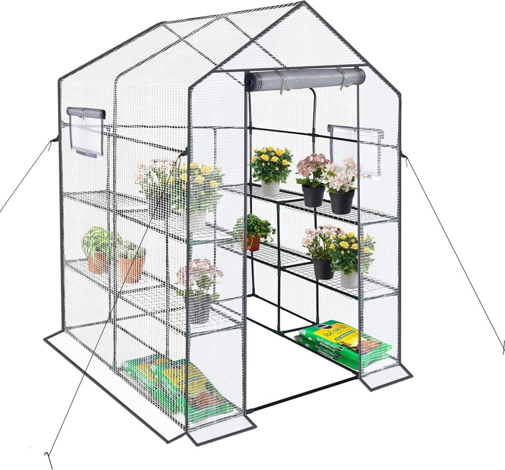 Reinforced Walk-in Greenhouse with Window,Plant Gardening Green House 2 Tiers and 8 Shelves,L56.5 x W56.5 x H76.5