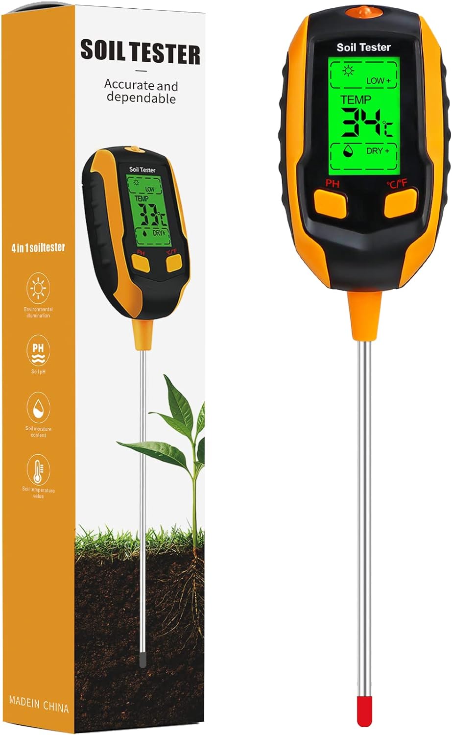 SOILPHU 4-in-1 Soil Moisture Meter,Inspection Plant Temperature/Soil Moisture/PH Meter/Sunlight Intensity/Environment Humidity Soil Test Meter for Gardening, Farming, Indoor and Outdoor Plants