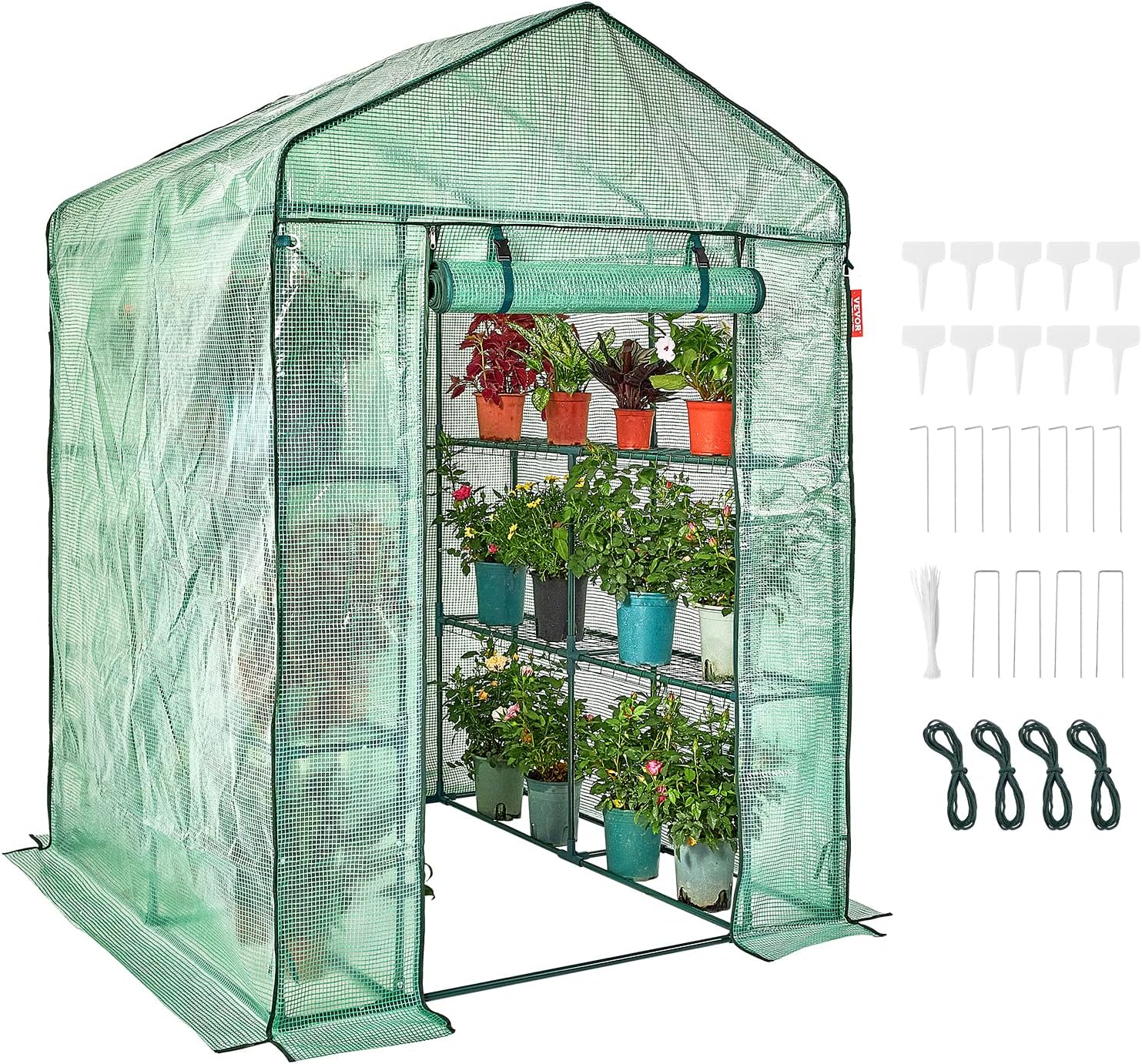 VEVOR Walk-in Green House, 4.6 x 4.6 x 6.6 ft Greenhouse with Shelves, Set Up in Minutes, High Strength PE Cover with a Door and Steel Frame, Suitable for Planting and Storage, Green