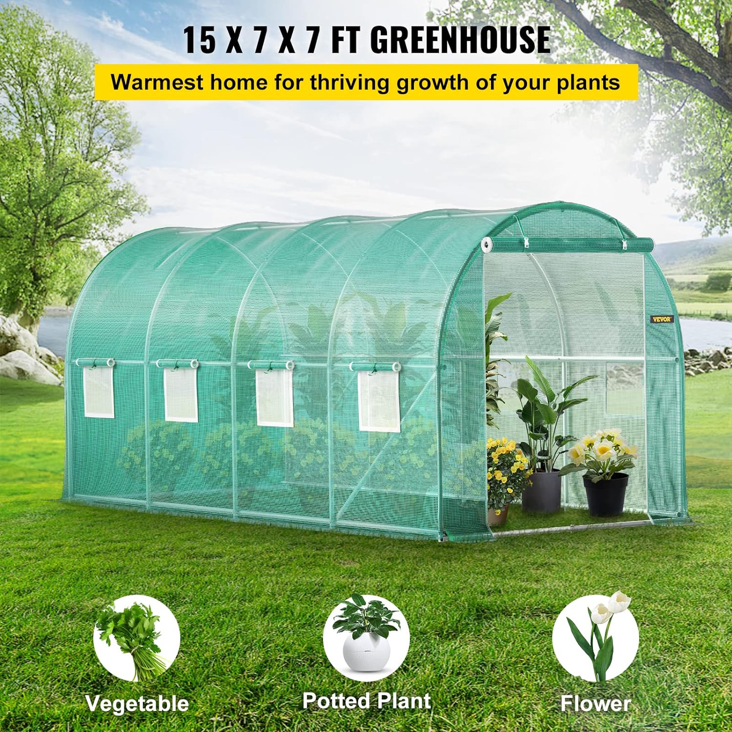 VEVOR Walk-in Tunnel Greenhouse, 15 x 7 x 7 ft Portable Plant Hot House with Galvanized Steel Hoops, 1 Top Beam, Diagonal Poles, Zippered Door  8 Roll-up Windows, Green