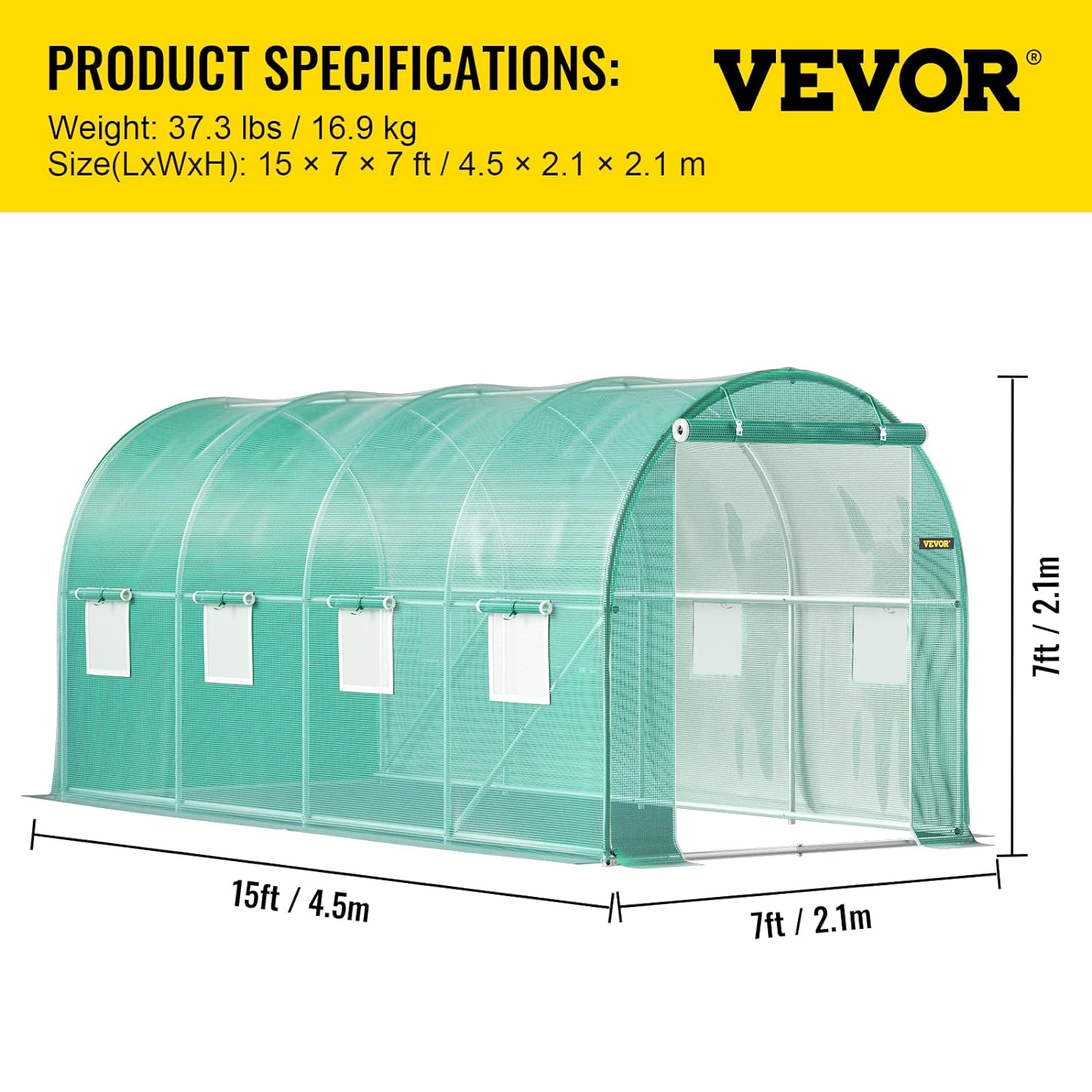 VEVOR Walk-in Tunnel Greenhouse, 15 x 7 x 7 ft Portable Plant Hot House with Galvanized Steel Hoops, 1 Top Beam, Diagonal Poles, Zippered Door  8 Roll-up Windows, Green