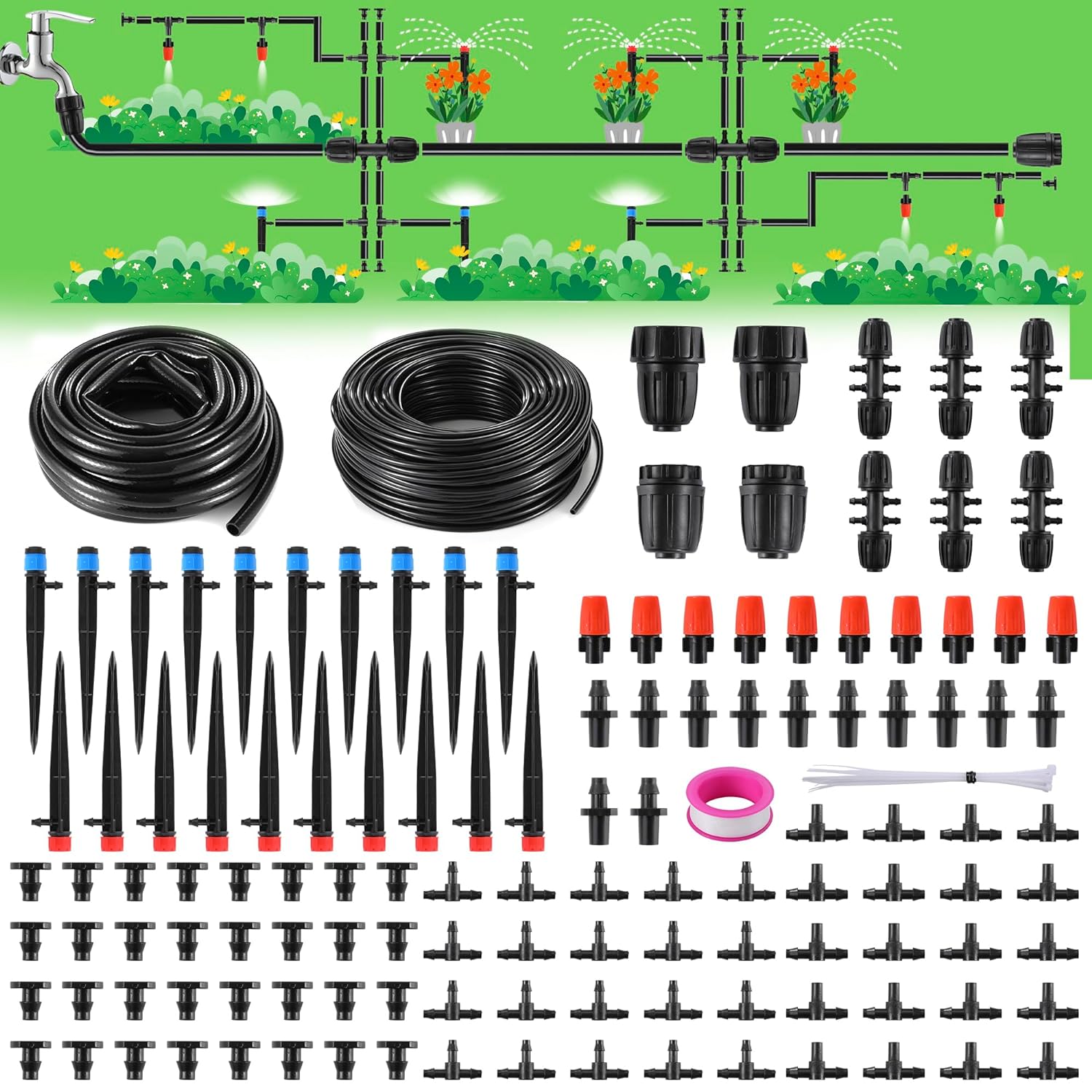 240FT Drip Irrigation Kit, Plant Watering System, Automatic Irrigation System with 40FT (1/2) Hose and 200FT (1/4) Distribution Tubing for Garden, Greenhouse Flower, Flower Bed Patio, Lawn Watering