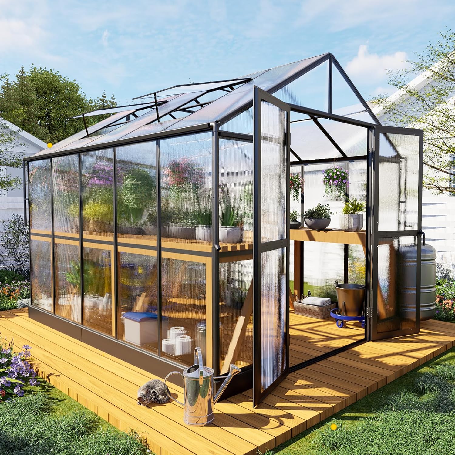 HOWE 8x10x7.5 FT Polycarbonate Greenhouse Double Swing Doors 2 Vents 5.2FT Added Wall Height, Walk-in Large Aluminum Greenhouse Sunroom Winter Greenhouse for Outdoors, Black
