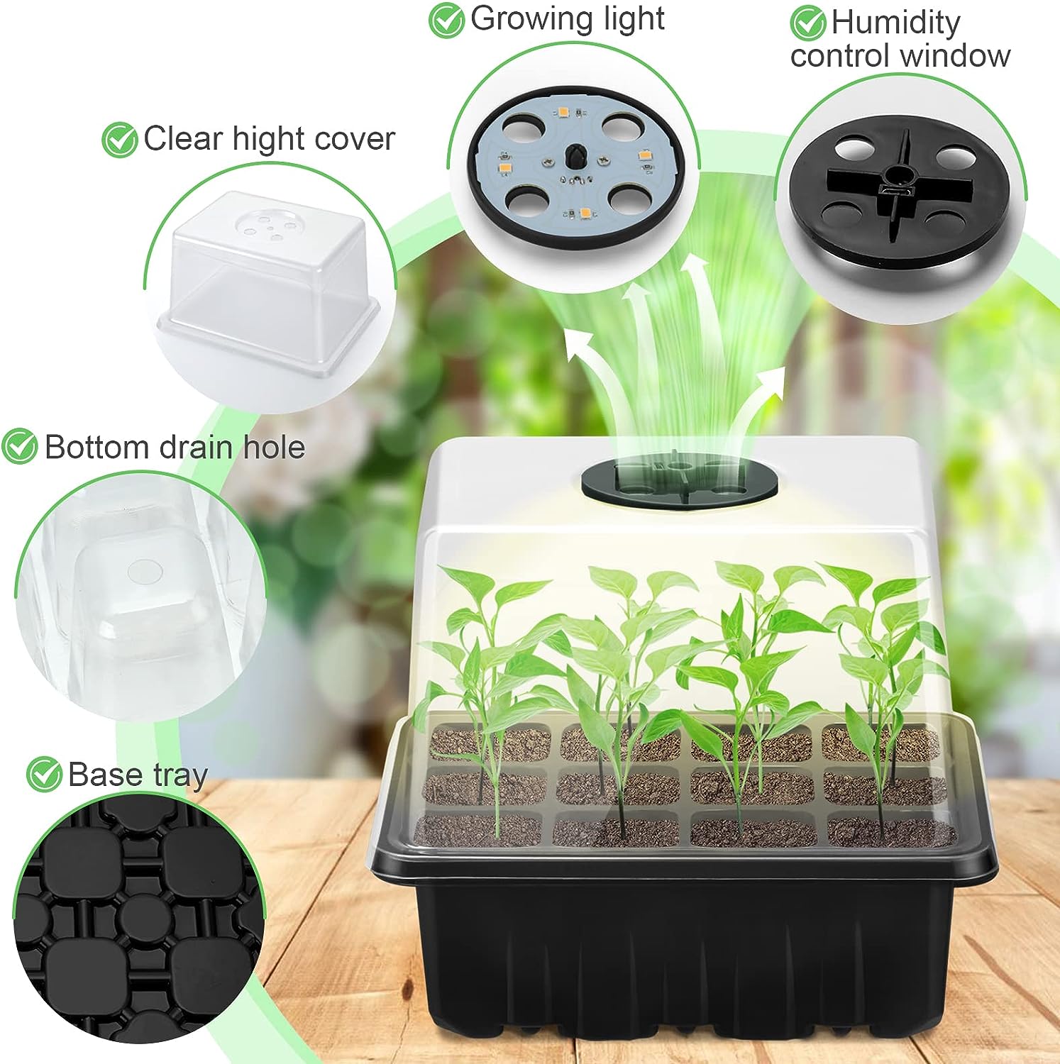 Lunies 6 Packs Seed Starter Trays with Grow Light, Seeding Starter Tray with Adjustable Humidity Dome, Base Indoor Greenhouse Germination Kit for Seed Growing Starting(12 Cells per Tray, Black)