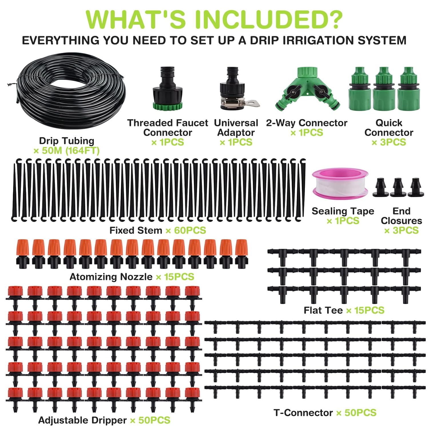 Micro Drip Irrigation Kit, 164FT Automatic Irrigation System, Watering Irrigation Equipment with 1/4 Blank Distribution Tubing Hose Adjustable Nozzle, Misting Plant Watering System for Greenhouse