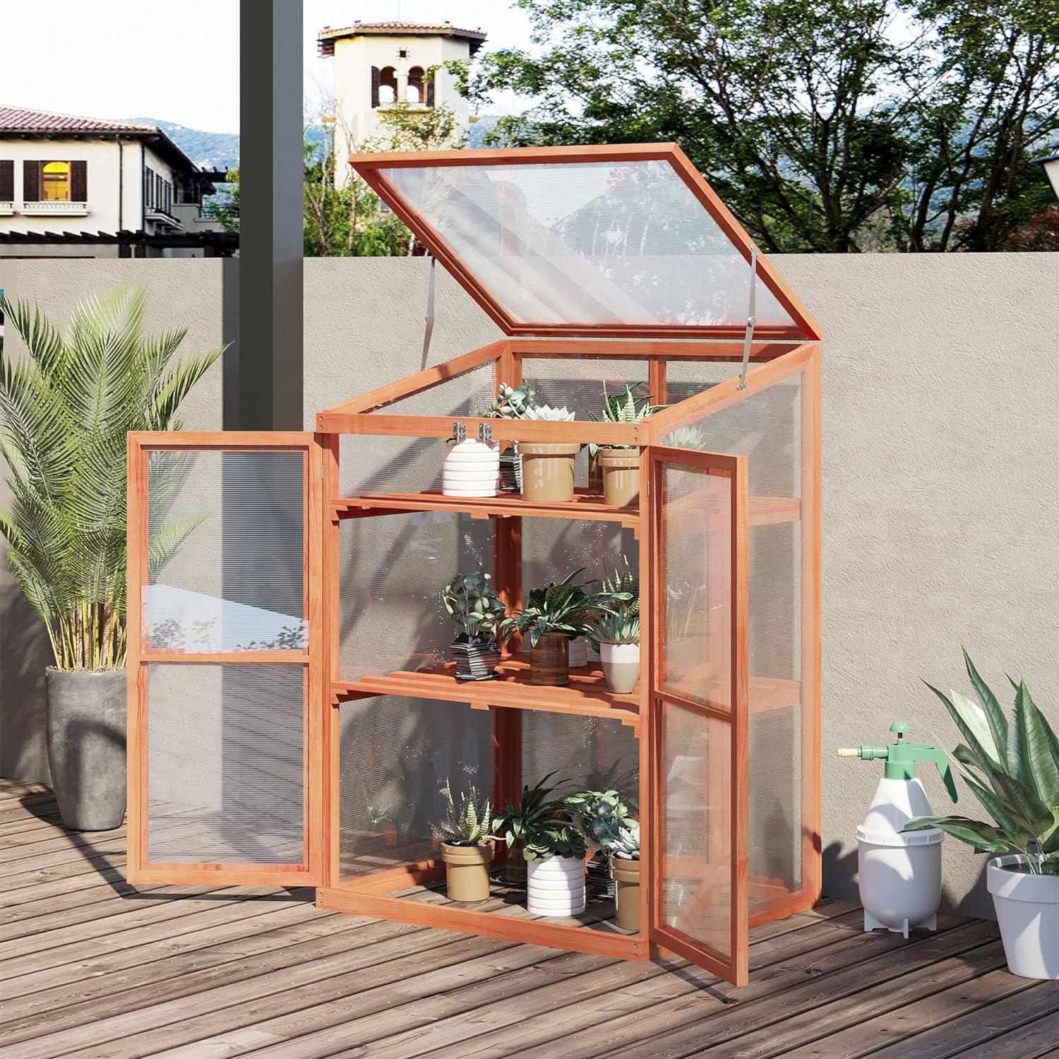 Outsunny Wooden Cold Frame Small Mini Greenhouse Cabinet for Outdoor and Indoor, 30 L x 24 W x 44 H, Natural