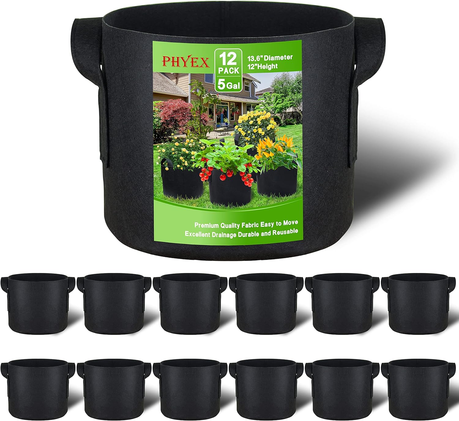 PHYEX 12-Pack 5 Gallon Nonwoven Grow Bags, Aeration Fabric Pots with Durable Handles, Come with 12 Pcs Plant Labels